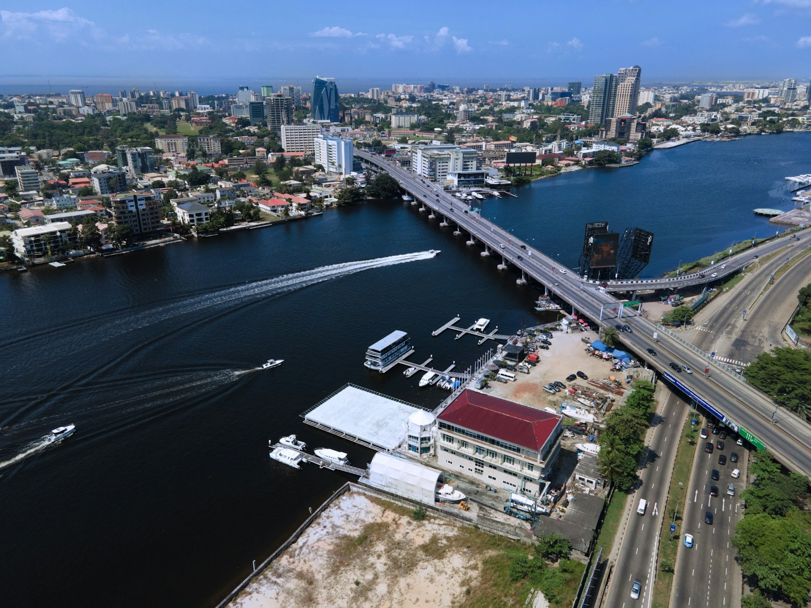 A bridge and busy roads in Lagos from the air, in black and white